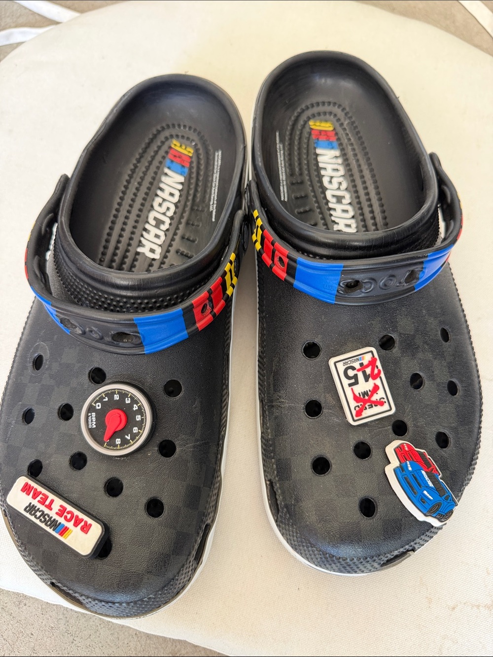 Nascar Crocs with Racing jibbits. Adult size M10/W12